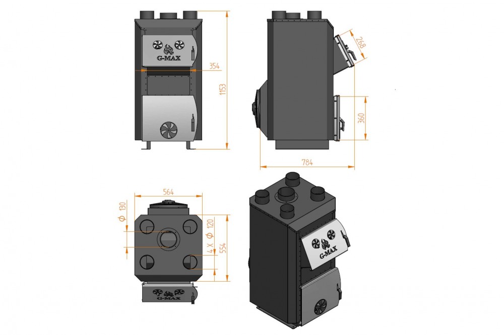 Wymiary techniczne pieca nadmuchowego G-MAX A25.
